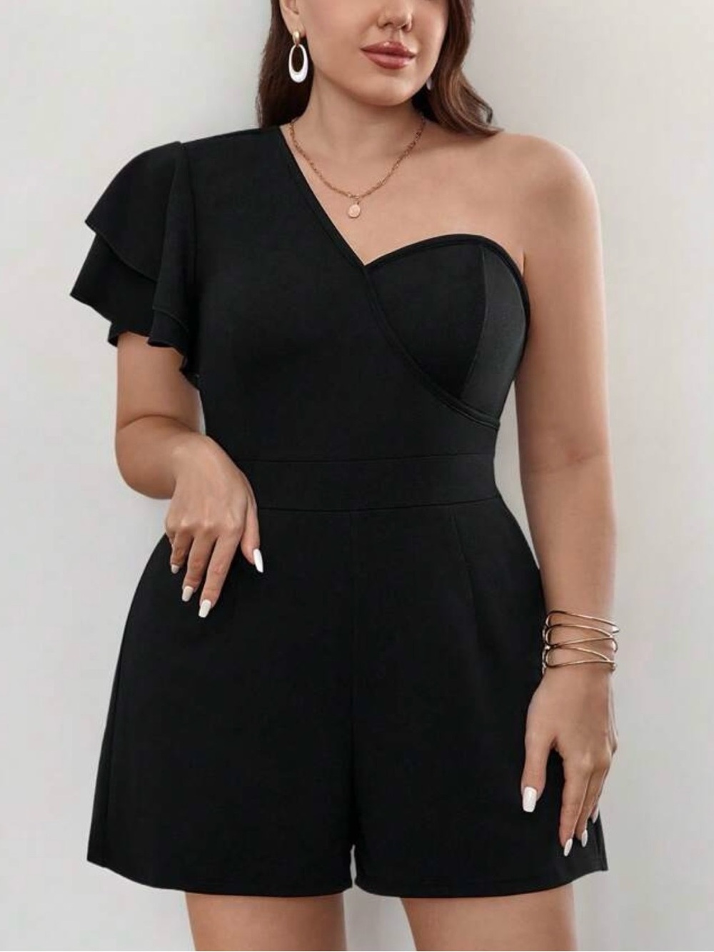 Prive Women’s Plus Size One Shoulder Off Loose Fit Romper with Ruffle Sleeves